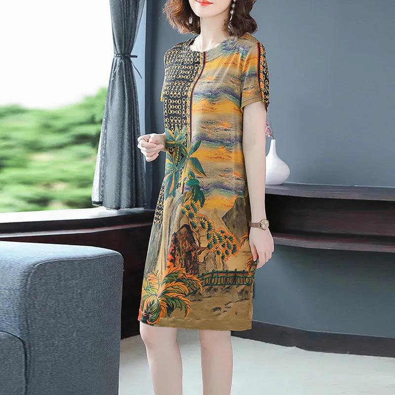 Summer Ice Silk Short Dress Plus Size Clothing Women Casual Comfortable Skirt Short Sleeve Dress