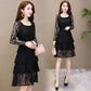Pofulove M-4XL Women Summer Chiffon A-line Dress Lace Mid-length O-neck Cake Dress Evening Dress