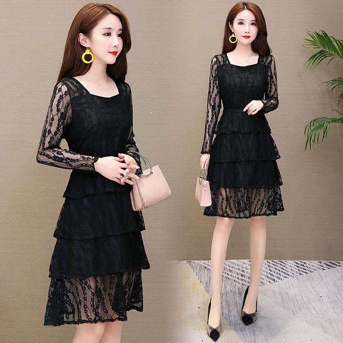 Pofulove M-4XL Women Summer Chiffon A-line Dress Lace Mid-length O-neck Cake Dress Evening Dress