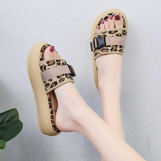 Size35-40 Summer Women Slippers Bohemian Beach Wear-resistant Slippers Wedge Platform Leopard Print Sandals Outdoor High Heels