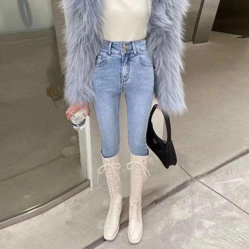 Double Button Women's High Waist Jeans Pencil Pants Korean Style Elastic Thin and High Pencil Pants Ladies Leggings