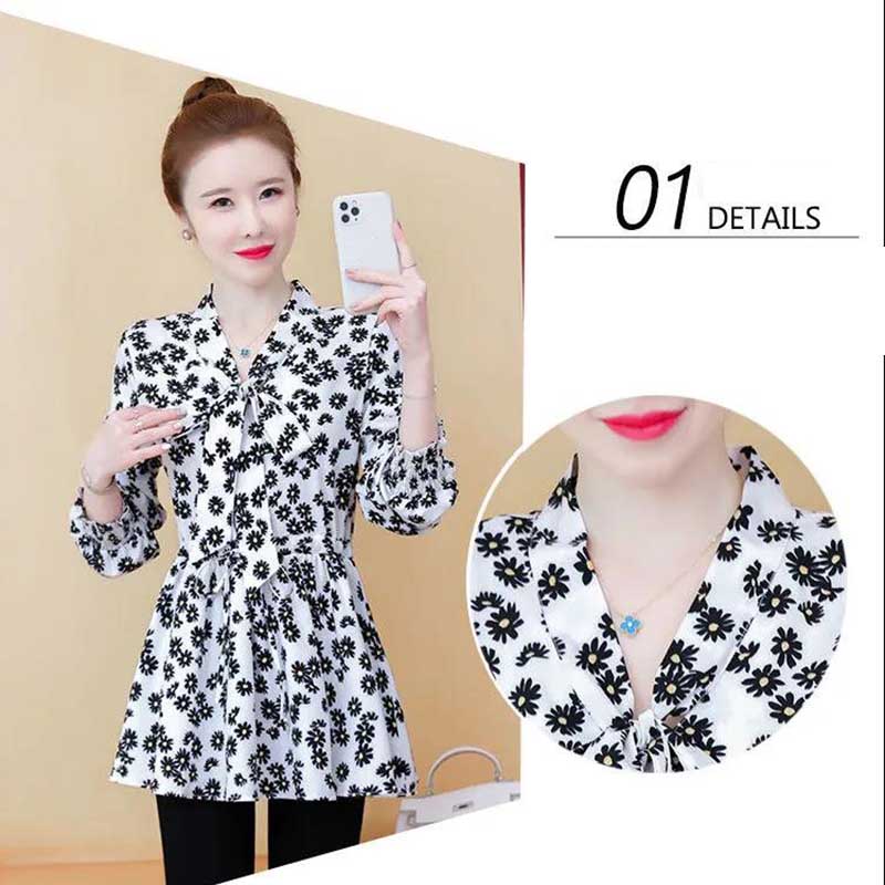 Large Size Chiffon Shirt Women's Spring and Autumn Waist Mid-length Small Daisy Long-sleeved Shirt Top