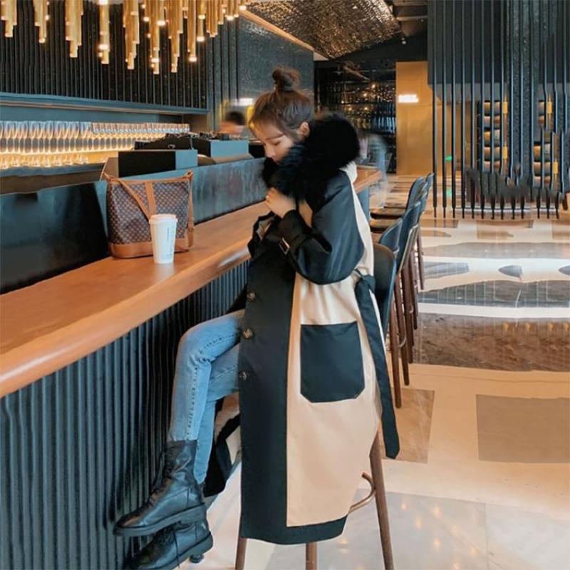 Women's Solid Color Embroidered Down Jacket Mid-length Korean Style Loose Thick Coat Warm Cotton Coat Large Fur Collar Winter Quilted Jacket