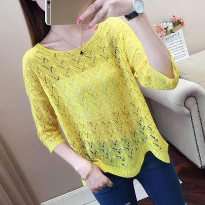 Women's Thin Hollow Knitted Sweater Three-quarter Sleeve Bottoming Shirt Loose Pullover Hollow Short-sleeved Sunscreen Top