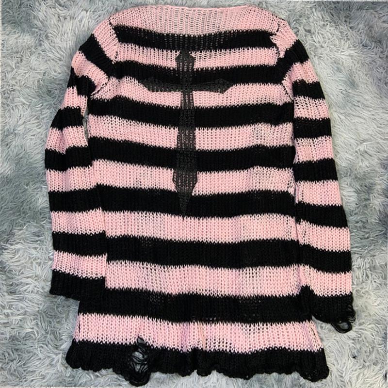 Punk Gothic Long Sweater Dress Plus Size Hollow Out Hole Destroy Pullover Jumper New Oversized Hip Hop Harajuku Striped Sweaters Hip Hop Streetwear