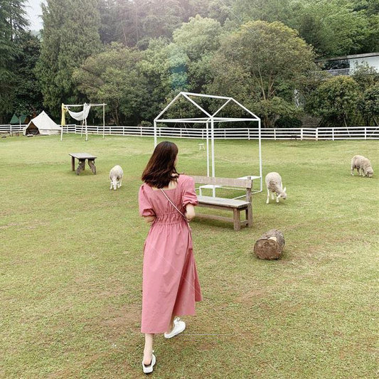 Female Summer Plus Size Solid Color Square Neck Holiday Dress High Waist Slim Vintage Elegant Dress