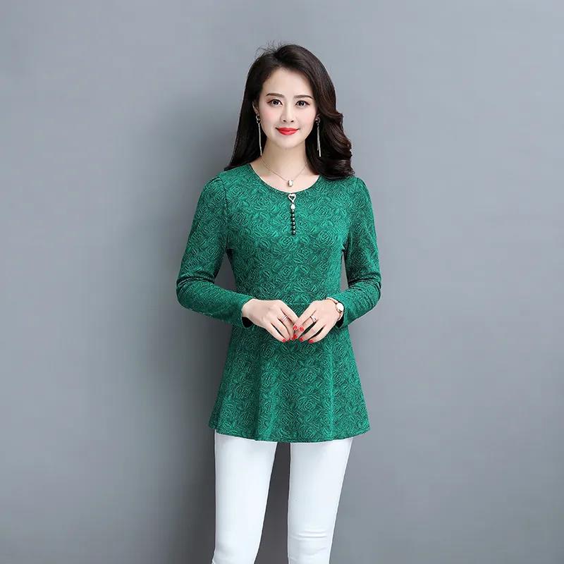 Women's Spring and Autumn Long-sleeved Top Large Size Waist Round Neck Solid Color Mother Top