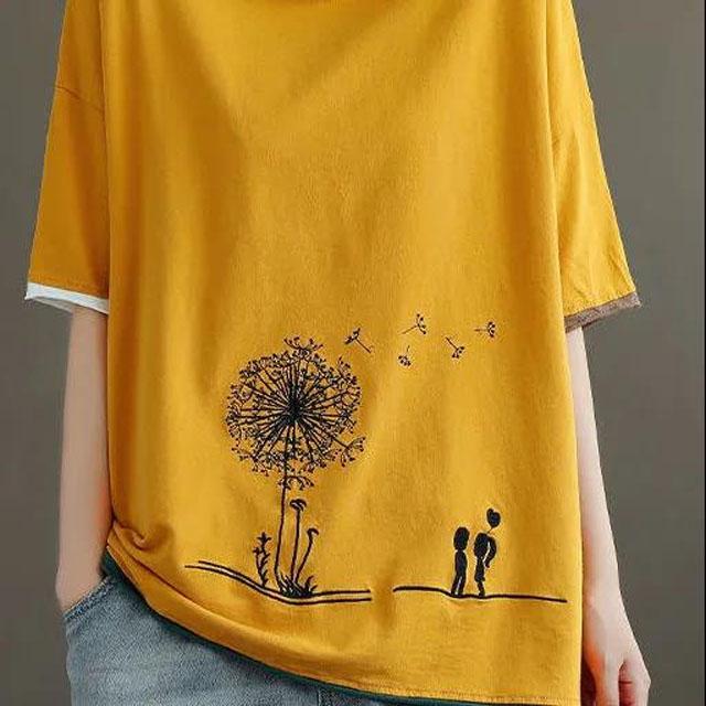 Large Size Dandelion Print T-shirt Ladies Short Sleeve Shirt Casual Loose Pullover Summer