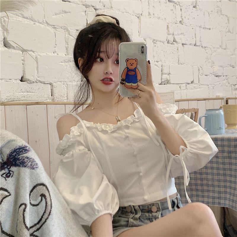 Women - on Shoulder Shoulders Short Solid Color Strap Waist Summer New Korean Design Sense