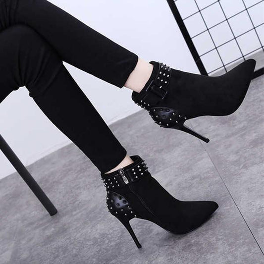 Autumn Winter Boots Women's Shoes Pointed High-heeled Women's Boots Suede Rivets Stiletto Boots
