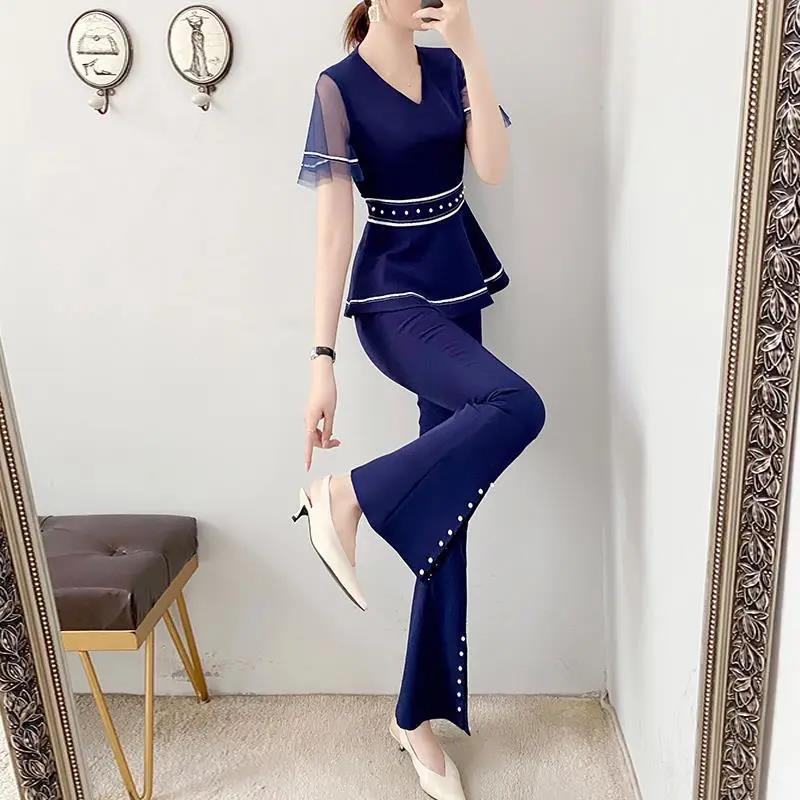 Professional Wear Temperament Goddess Fan Pants Two-piece Blue Waist Shirt + Loose Flared Pants Ladies Simple Suit