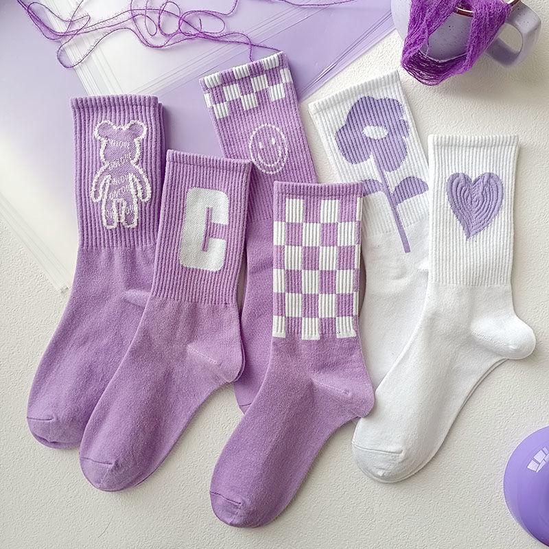 Women's Purple Stockings Fashion All-match Stockings Student Cotton Couples Six Pairs of Stockings