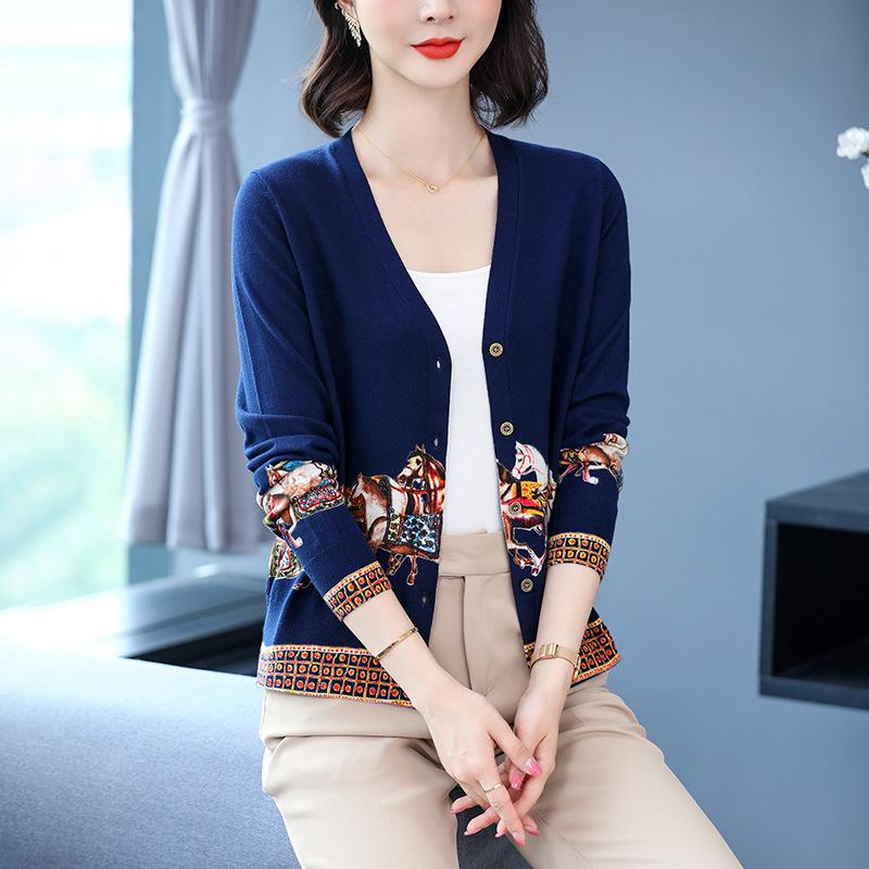 Autumn/Winter Women's Knitted Sweater V-neck Printed Jacket Short XL Cardigan Wool Sweater Jacket