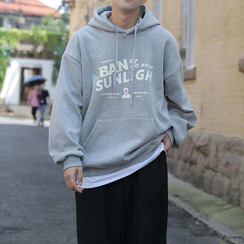 Spring Sweater Men's Plus Velvet Hooded Top Tide Brand Trend All-match Spring and Autumn Models
