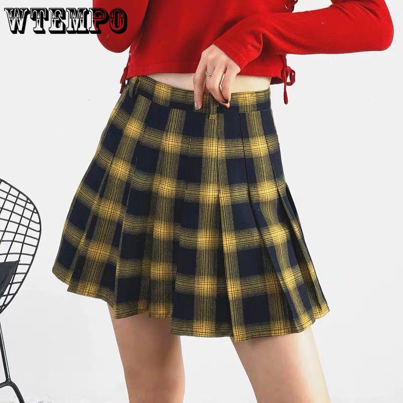 Women Skirts Cute Yellow Black Red Lattice Pleated Skirt Punk Style High Waist Short Skirt