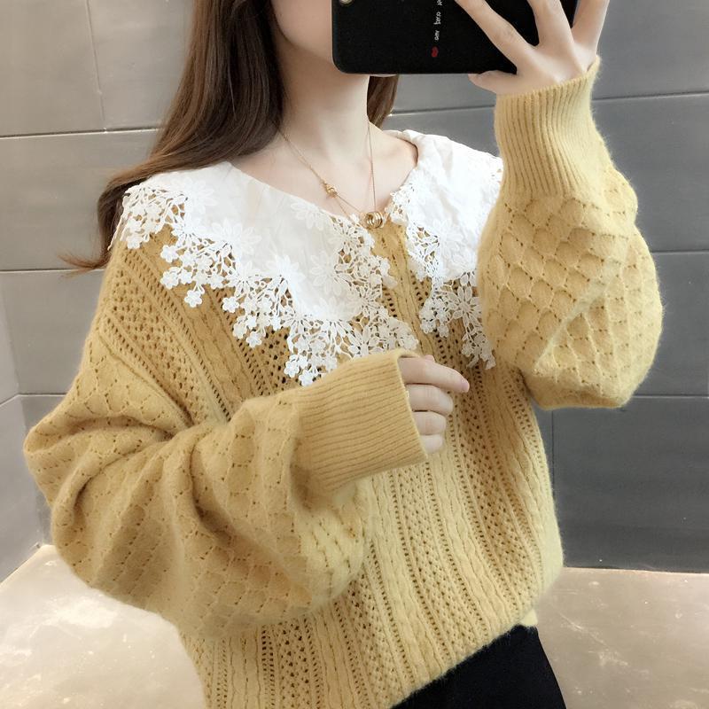 Spring and Autumn Style Outer Wear Lace Doll Collar Sweater Loose Long Sleeve Sweater Women