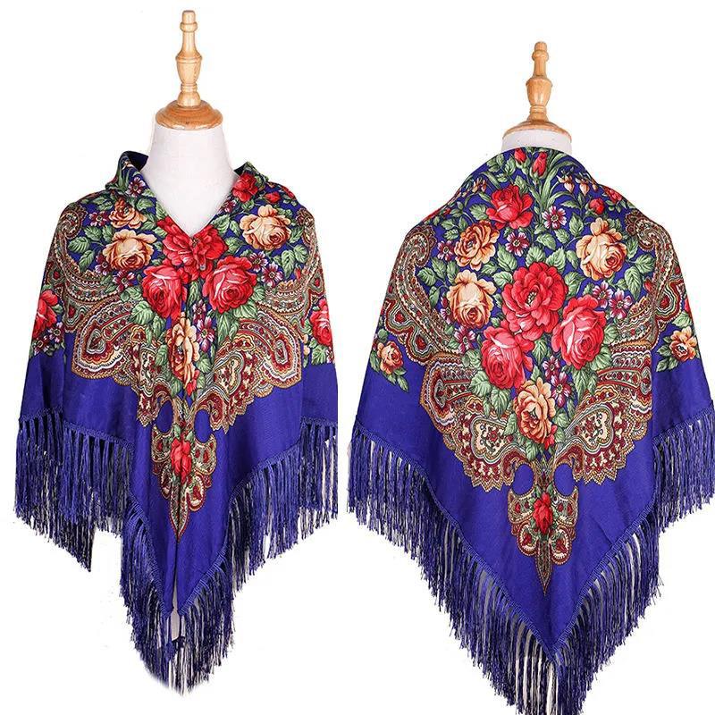 Women's Ethnic Style Square Scarf Printed Shawl Fringed Cotton Scarf Autumn Winter Warm Embroidered Shawl Multifunctional Turban Shawl Scarf 135x135cm