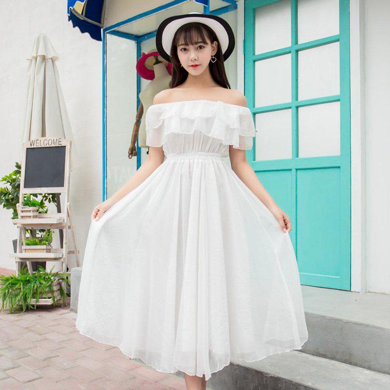 Pofulove Vacation Beach Strapless dress Off-shoulder Ruffled Sexy slash neck Chiffon dress Summer