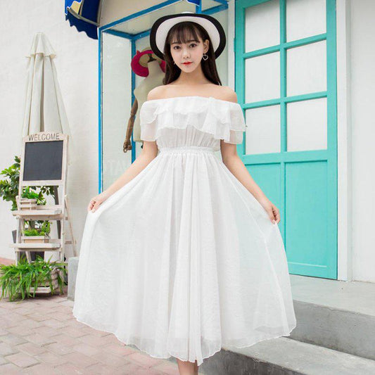 Pofulove Vacation Beach Strapless dress Off-shoulder Ruffled Sexy slash neck Chiffon dress Summer