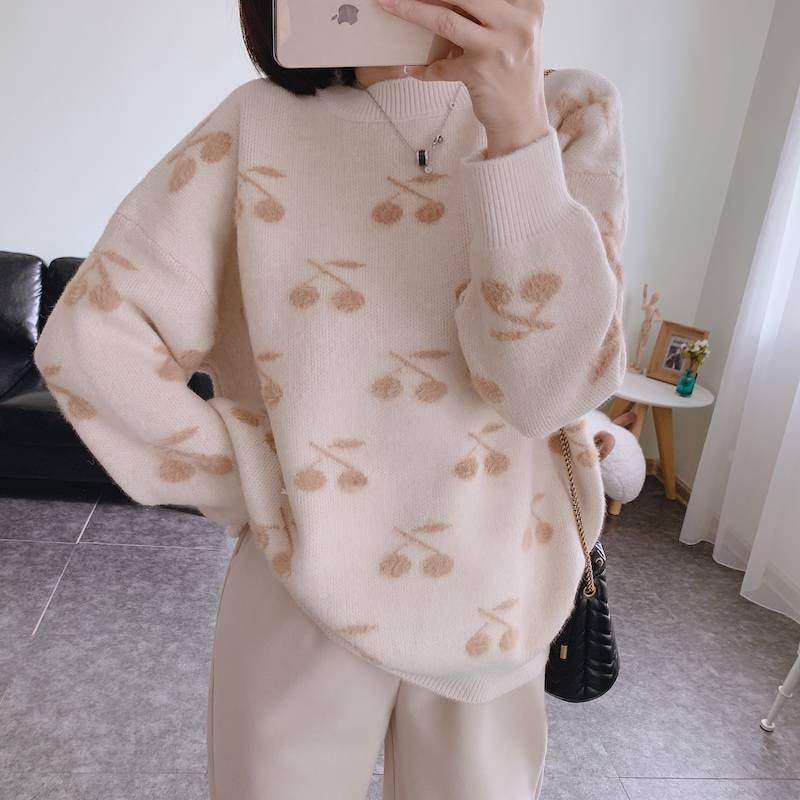 Women Knitwear Crew Neck Loose Simple Color Cherry Heart Print Sweater Pullover Jumper Top