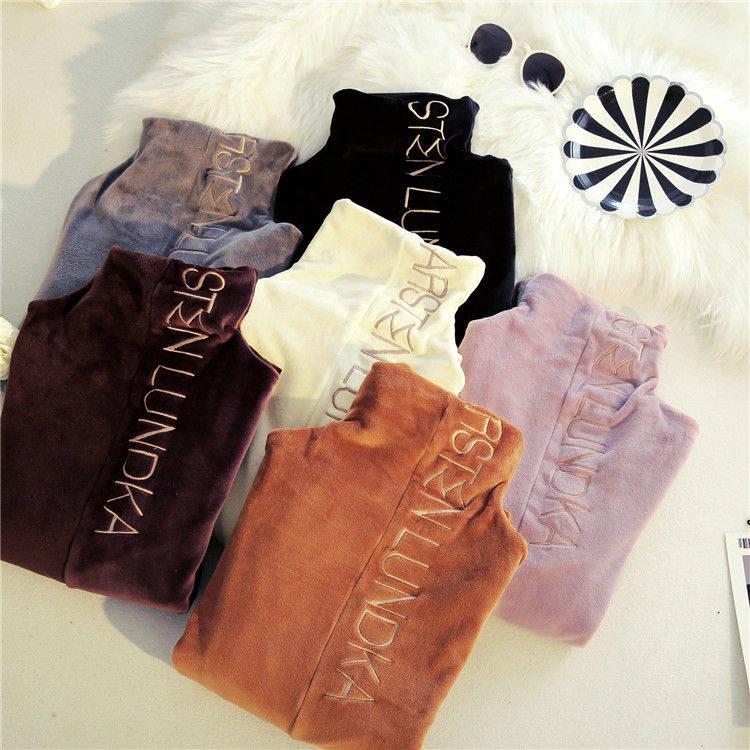 Letter Embroidered Warm Winter Velvet Turtleneck Pullovers Long Sleeve Women's Thicken Sweater Lady