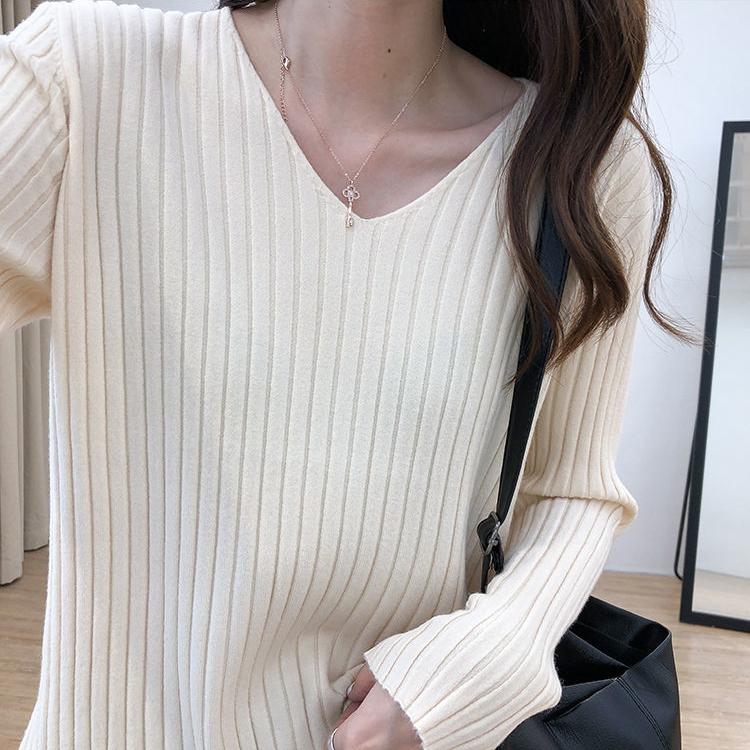 Autumn Winter V-neck Women Pullover Sweater Knitting Sweaters Casual Loose Korean Jumpers Winter Inside Bottoming Tops Long Sleeve Solid Basic Top