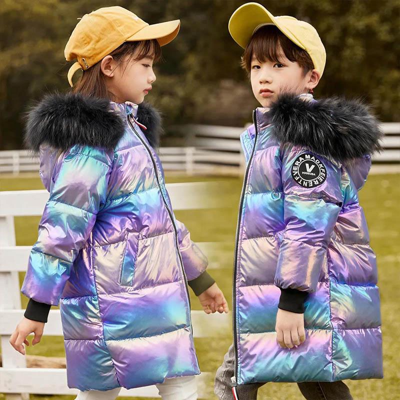 White Duck Down Children's Down Jacket Winter Mid-length Cotton Jacket for Boys and Girls Big Children's Bright Surface Thickening Coat