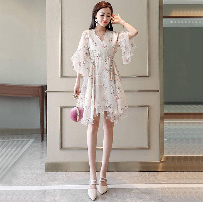 Pofulove S-4XL Women Summer High-end Floral Chiffon Dress Slim Thin Long V-neck A-line Beach Dress