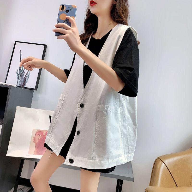 Big Pocket Solid Color Women's Vest Sleeveless Spring and Summer Loose Casual Waistcoat