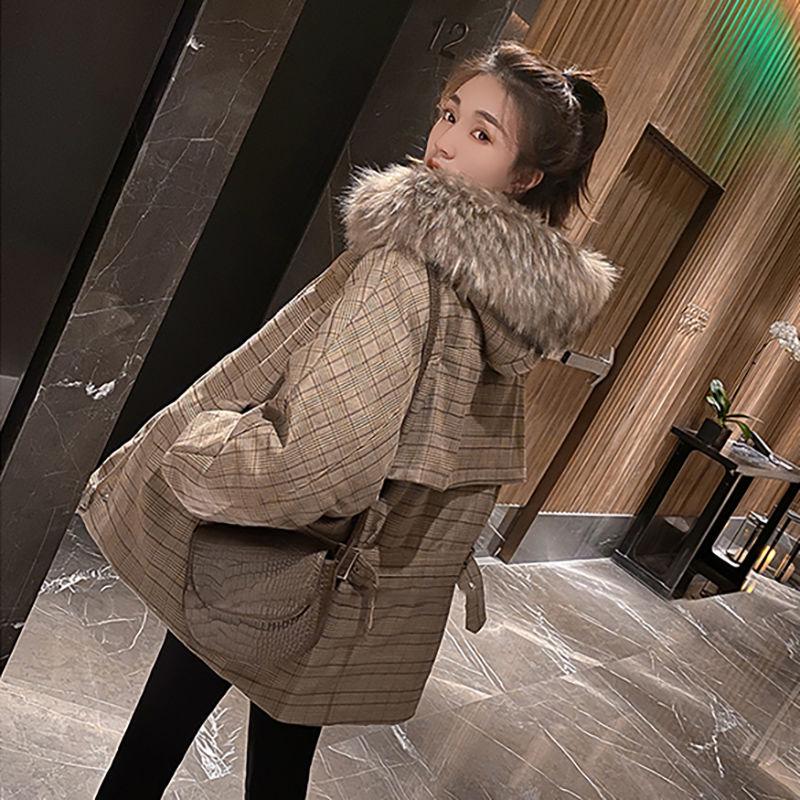 Fur Collar Women's Check Cotton Down Coat Parka Coat Plus Size Coat