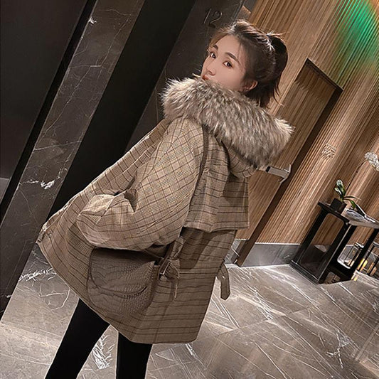 Fur Collar Women's Check Cotton Down Coat Parka Coat Plus Size Coat