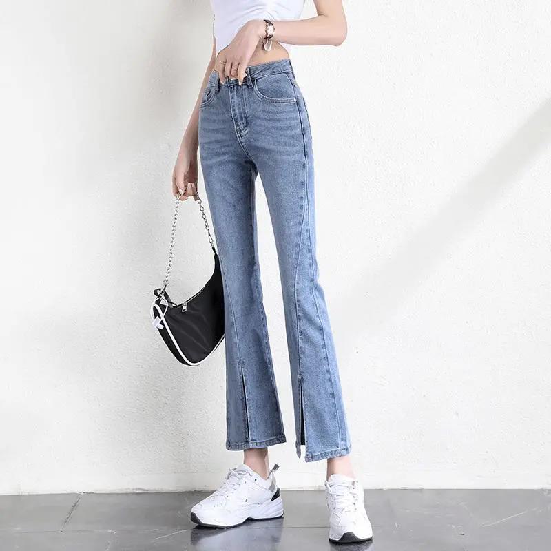 Slit Flared Jeans Women's Summer and Spring Slim High-waisted Thin Slim Cropped Trousers