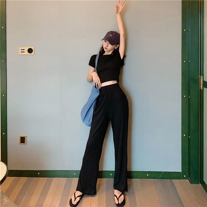 2PCS Women's Short Slim Fit Slim Fit Navel Top + High Waist Wide Leg Pants Two-piece Summer Elastic Waist Split Straight Pants Set
