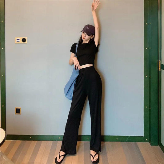2PCS Women's Short Slim Fit Slim Fit Navel Top + High Waist Wide Leg Pants Two-piece Summer Elastic Waist Split Straight Pants Set