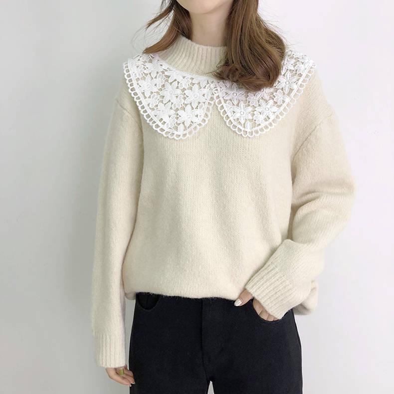 Pofulove Girly Winter Lace O Neck Warm Knitwear Skin-friendly High Elasticity Women Pullover Sweater