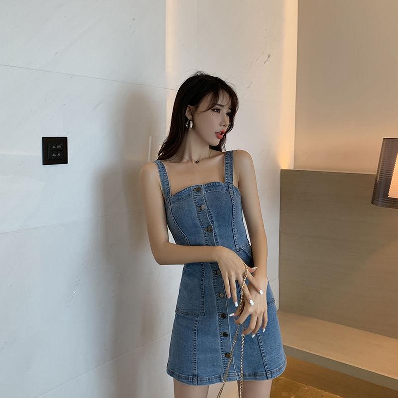 Tight Sexy Off-the-shoulder Women's Denim Dress Single Breasted Suspender Skirt  Knee-length Daily Wear Office Dating Party