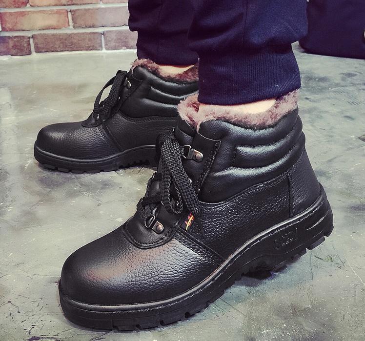 Winter Black Ankle Leather Safety Shoes Men Waterproof Steel Toe Cap Shoes Thermal Cotton Boots
