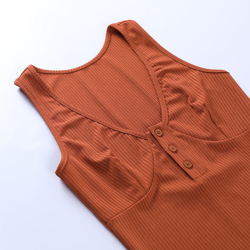 Low-cut Solid Color Sexy Knitted Tight-fitting Dress Standard Size High Elasticity V-neck Button Sleeveless Dress Summer Vest Hip Skirt