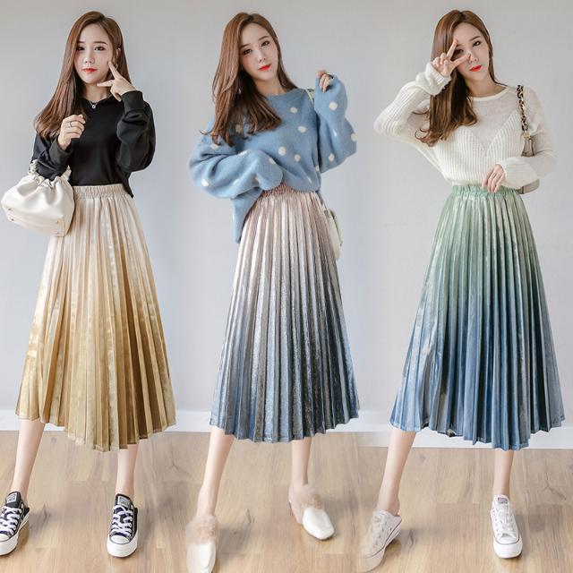Spring Women Long Metallic Silver Maxi Pleated Midi Skirt High Waist Elascity Casual Party Skirt
