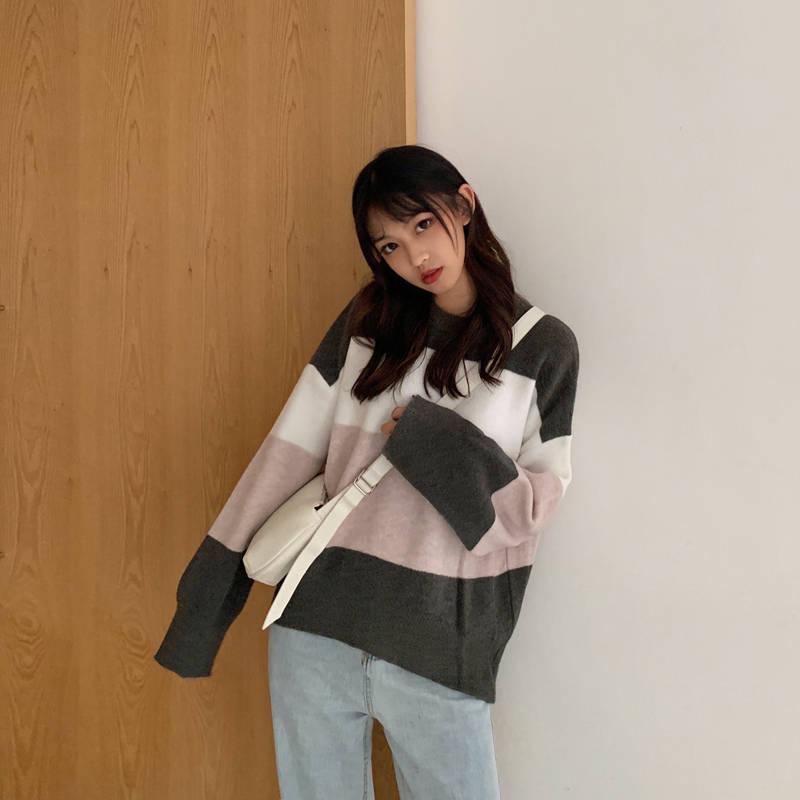 Pofulove Round Neck Loose Sweater Female Students Were Thin Wild Color Matching Long-sleeved Sweater