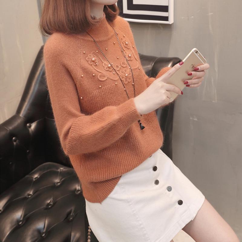 Women Half Turtleneck Short Pearl Pullover Sweater Office Loose Thicken Bottoming Shirt