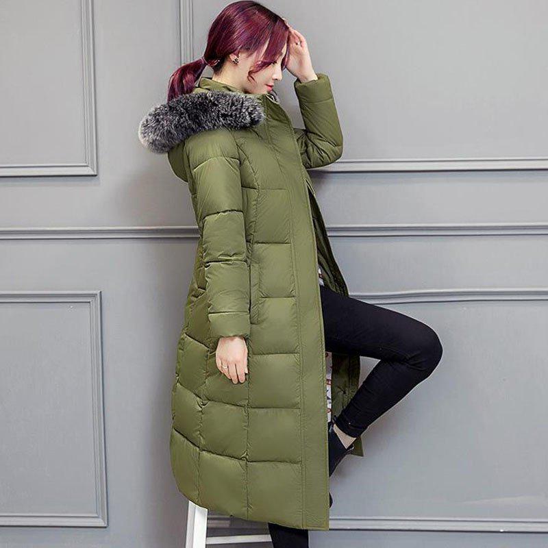 Winter Women's Down Jacket with Large Fur Collar Over The Knee Hooded Jacket Plus Down Padded Down Jacket