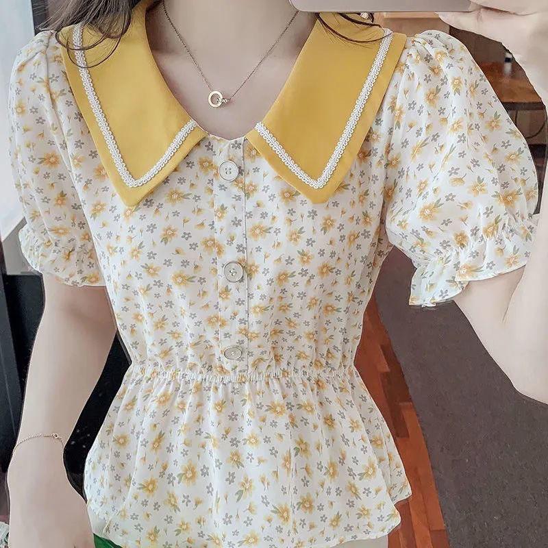 Contrast Color Doll Collar Short-sleeved Floral Shirt Women's Summer Dress Waist Short Shirt Top Trendy