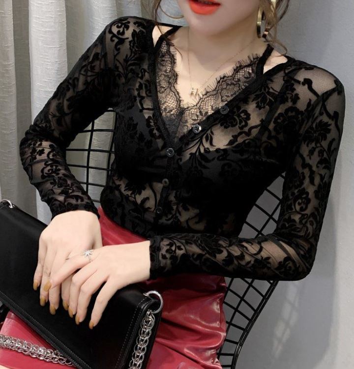 Spring Women's Slim Slim Long-sleeved V-neck Top Fashion Hollow Mesh Lace T-shirt See-through Dress