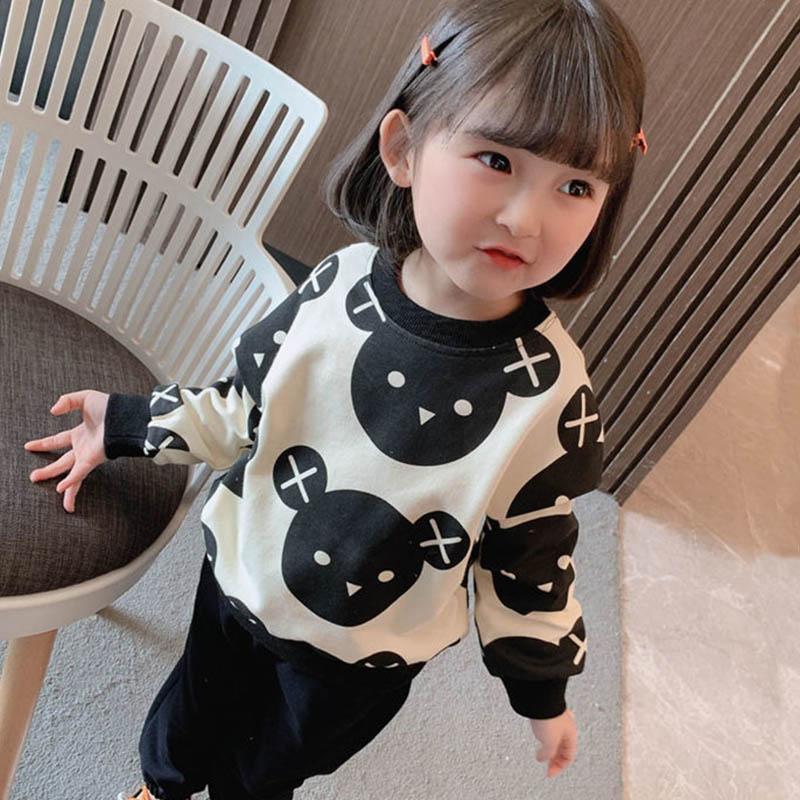 Girls Suits Spring and Autumn Clothing Baby Girl Sports and Leisure Round Neck Pullover Sweater Trousers Cute Bear Print Two-piece Set