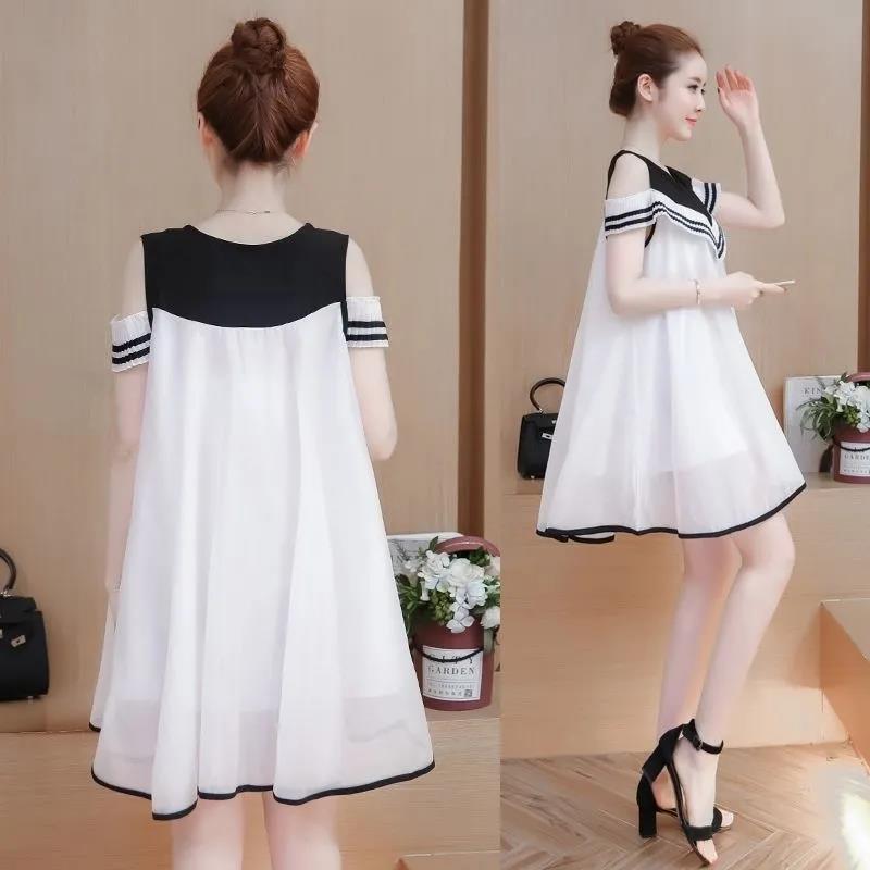 Summer Round Neck Short Sleeve Mid-length Chiffon Dress Loose and Thin Black and White Stitching Cute Princess Dress Ladies Strapless Short Dress