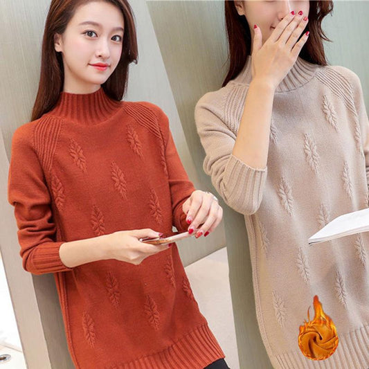 Autumn and Winter Plus Velvet Sweater Mid-length Loose Half-high Collar Large Size Base Shirt Jacket