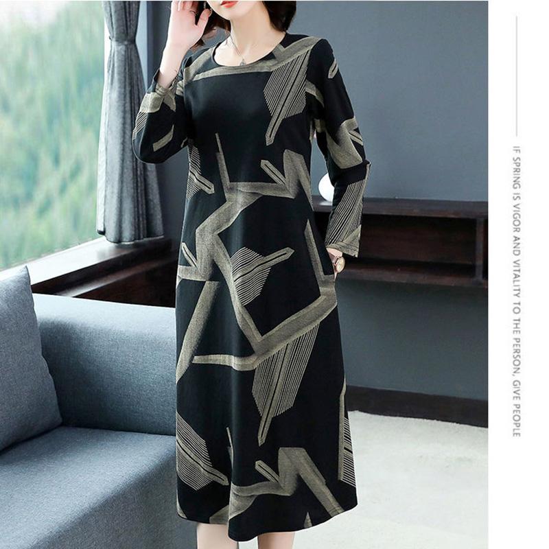 Large Size Long-sleeved Dress Women Spring and Autumn Mid-length Over-the-knee Bottoming Skirt Round Neck Print