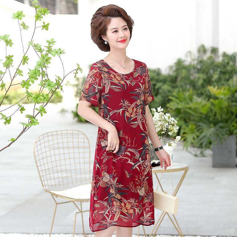Chiffon Dress Loose Large Size Short Sleeve Summer Middle-aged Women's Dress