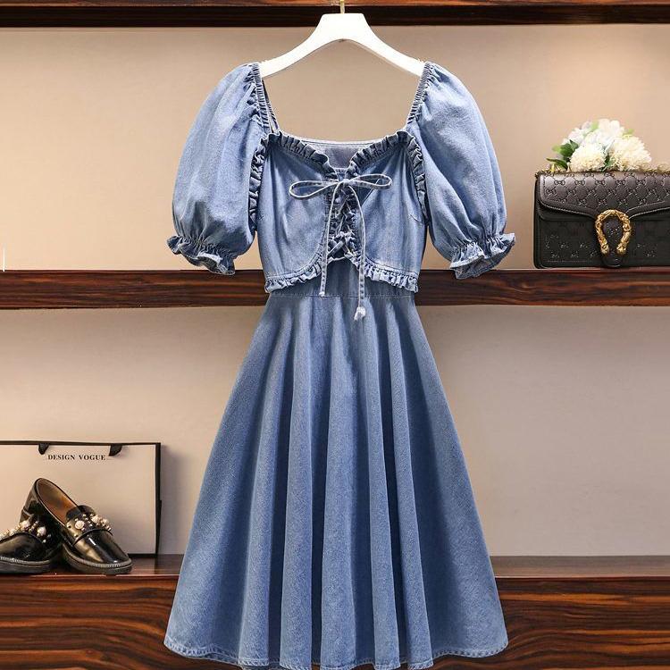 Women's Denim Dress Puff Sleeves Spring and Summer Sexy Knee-length Daily Wear Office Dating Party